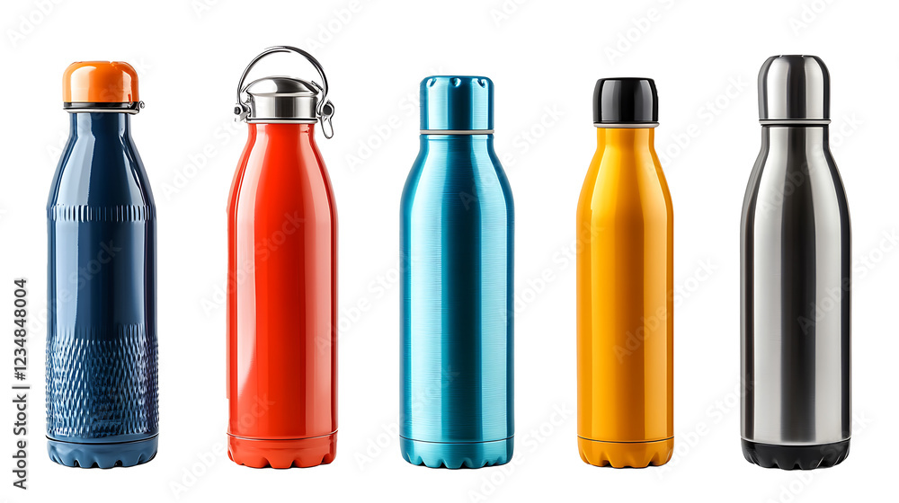 Poster set of colorful water bottles isolated on a transparent background