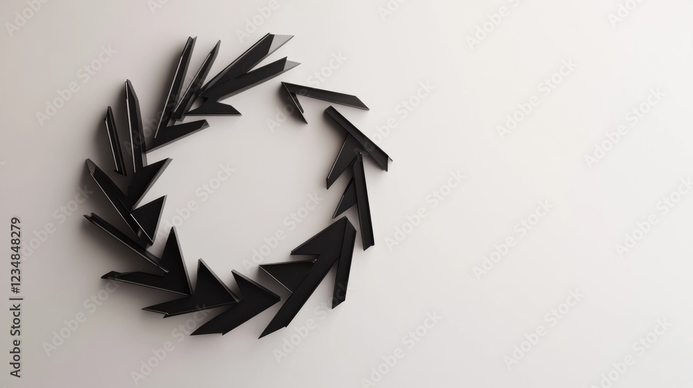 Poster modern black arrow wreath crafted from geometric shapes displayed on a neutral wall. generative ai