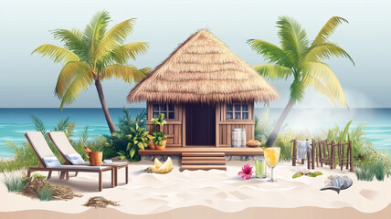 vector illustration of a cozy beach hut, lounge chairs, and tropical drinks, isolated on a transparent background,