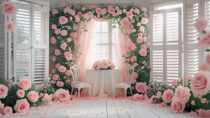Romantic floral backdrop white shuttered windows, soft pink roses, dreamy interior setting, pastel color palette, natural light, wedding photography setup.