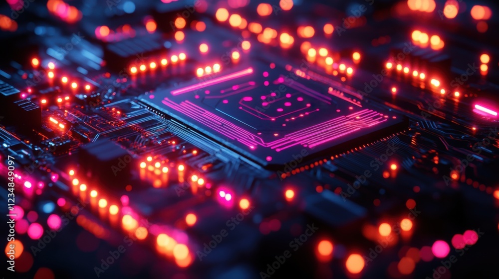Poster close up of computer circuit board with red lights and glowing neon details
