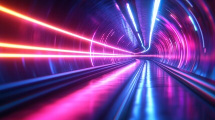 Futuristic tunnel with bright neon lights and high-speed motion blur effects