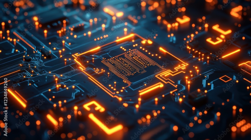 Poster close up view of a high-tech circuit board with glowing orange lights and intricate details