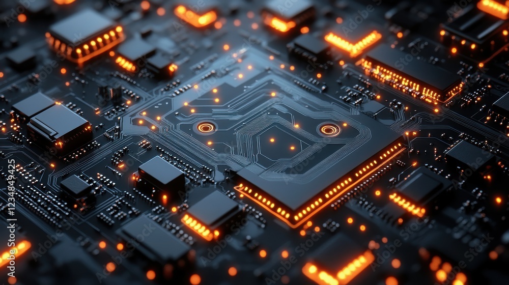 Poster high-tech metallic circuit board with glowing orange lights and intricate design elements