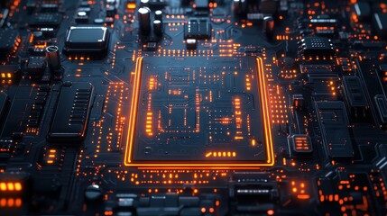 Fototapeta premium Close up of a computer motherboard with high-tech metallic circuit board and intricate details