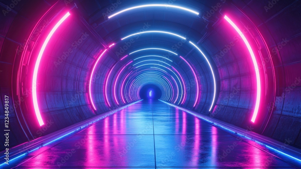 Poster neon lit sci-fi tunnel with long walkway and high-tech design elements