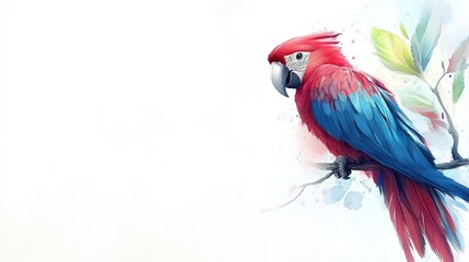 Obraz premium Scarlet Macaw perched on branch, watercolor style, white background, tropical foliage