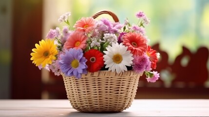 Vibrant Multicolored Flowers in a Wicker Basket on a Wooden Table Beside a Sunny Window with Soft Natural Light