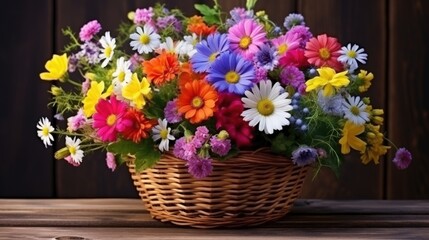 Vibrant Multicolored Flowers Arranged in a Wicker Basket Against a Wooden Background