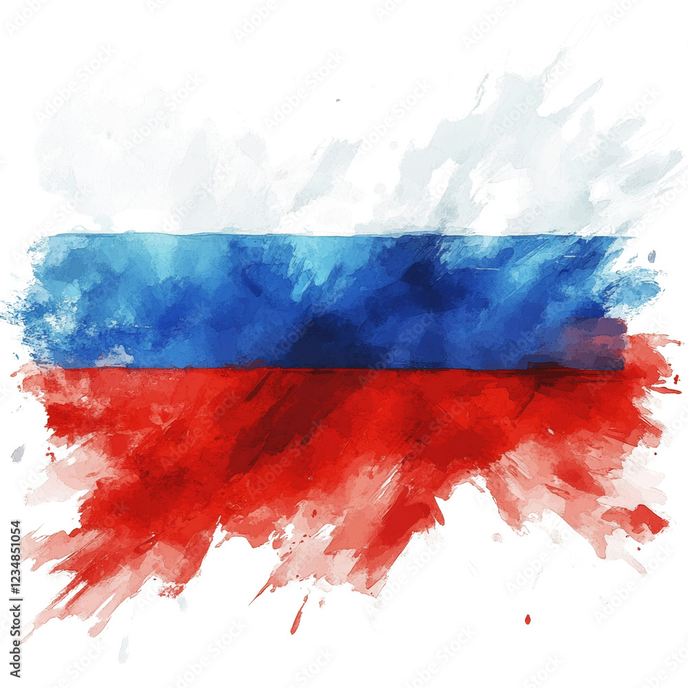 Poster a stylized watercolor rendering of the russian flag, presented as an abstract splatter.