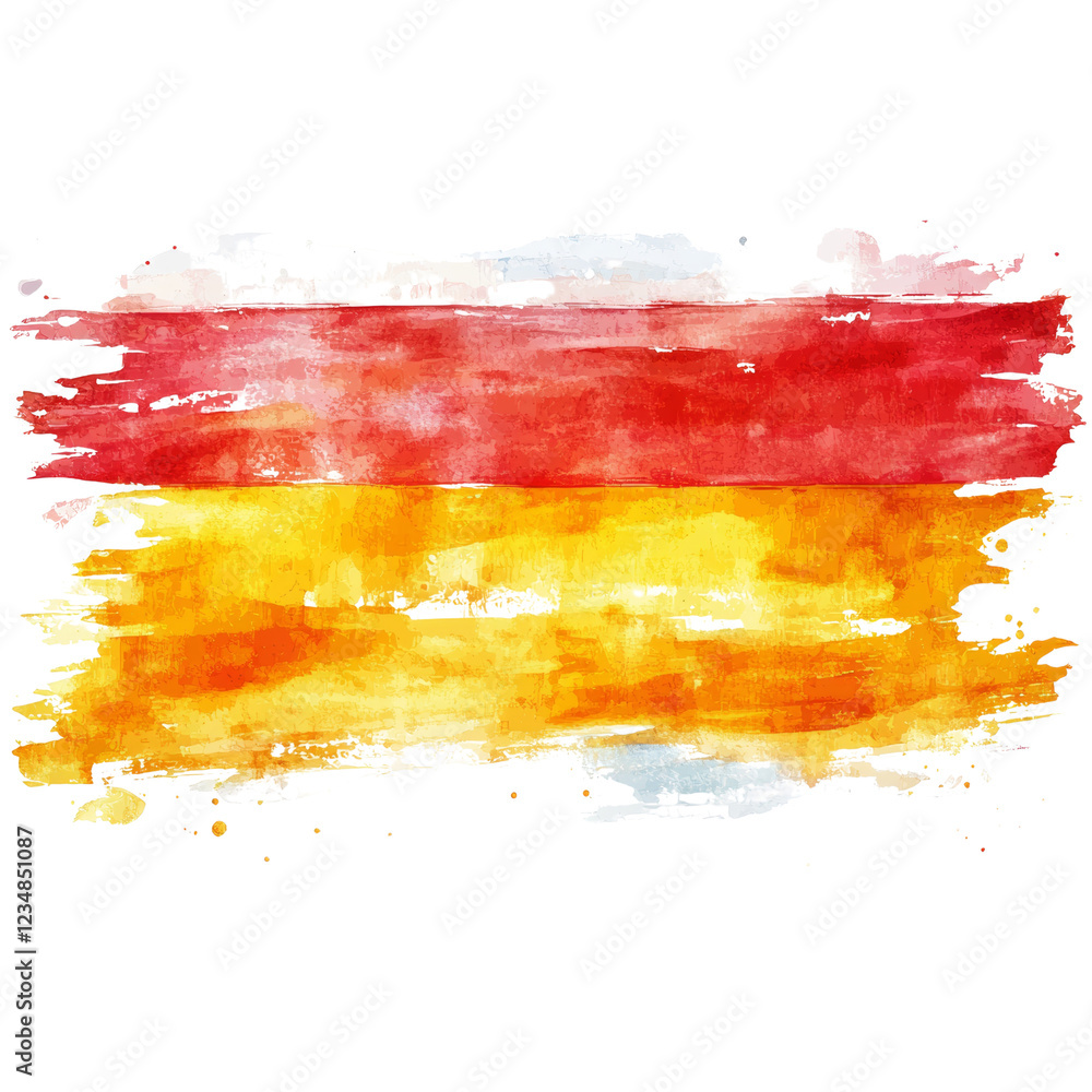 Poster An abstract watercolor painting features a horizontal bi-color design in red and gold shades with visible brushstrokes and splatters.