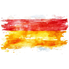 An abstract watercolor painting features a horizontal bi-color design in red and gold shades with visible brushstrokes and splatters.