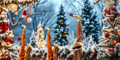 Fototapeta premium Christmas saxophones surrounded by snow-covered trees in a winter wonderland, creating a festive and magical atmosphere, festive, saxophones, winter wonderland