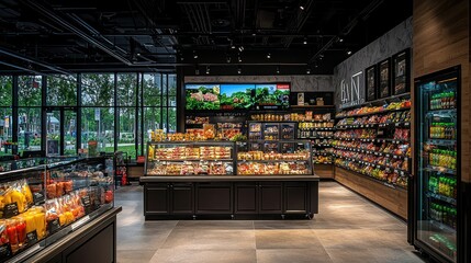 Fototapeta premium Modern convenience store interior with snacks, drinks, and digital screens displaying nature scenes