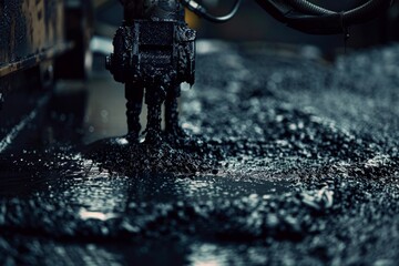 Asphalt paving machine in action  even distribution of black tar with focus on mechanical parts
