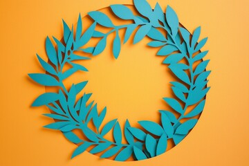 Obraz premium Abstract Blue Paper Leaf Wreath on Orange