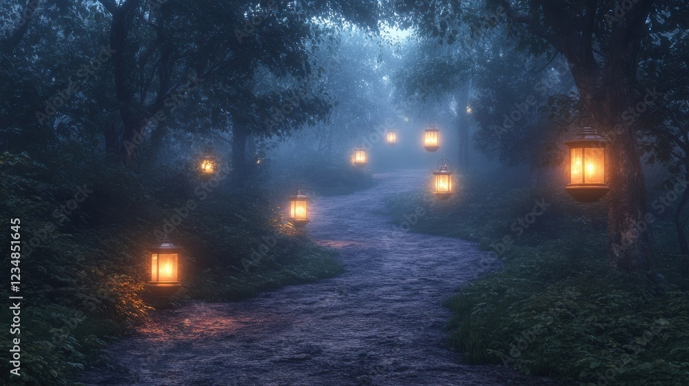 Poster foggy forest path illuminated by glowing lanterns creating a mysterious atmosphere