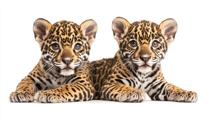 Obraz premium Two Adorable Jaguar Cubs Relaxing on White Background