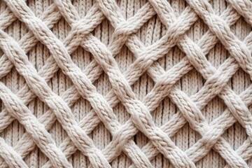 Close up of a beige knitted cable pattern, showcasing its intricate texture, perfect for backgrounds or design elements related to fashion, warmth, and comfort