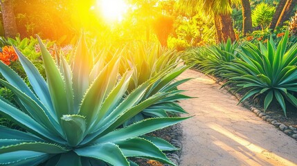 Fototapeta premium Sunlit Garden Path, Tropical Plants, Lush Foliage, Sunset Glow, Vacation Brochure