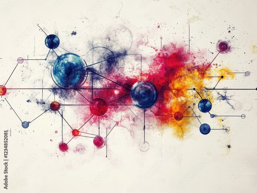 Poster abstract representation of molecular structures with vibrant colors and patterns.