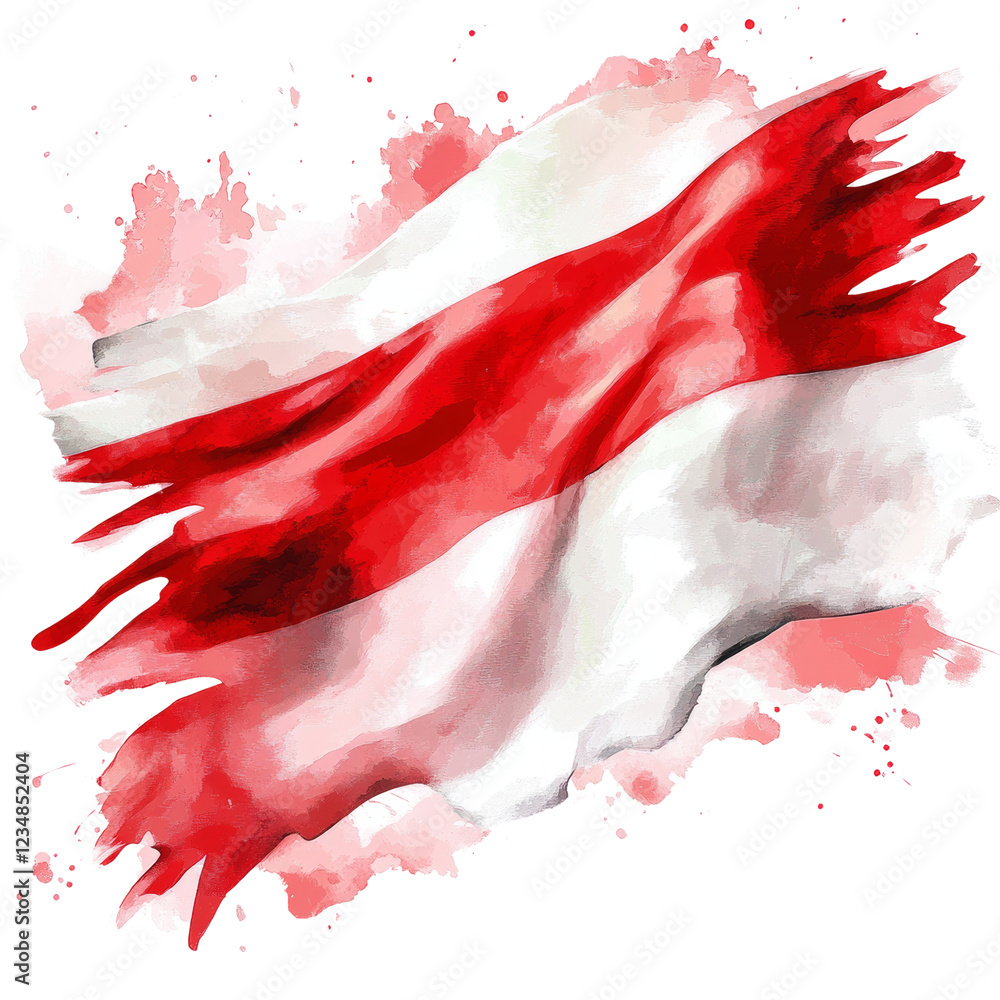 Poster An artistic watercolor rendering of the Indonesian flag depicted in a dynamic and abstract style.