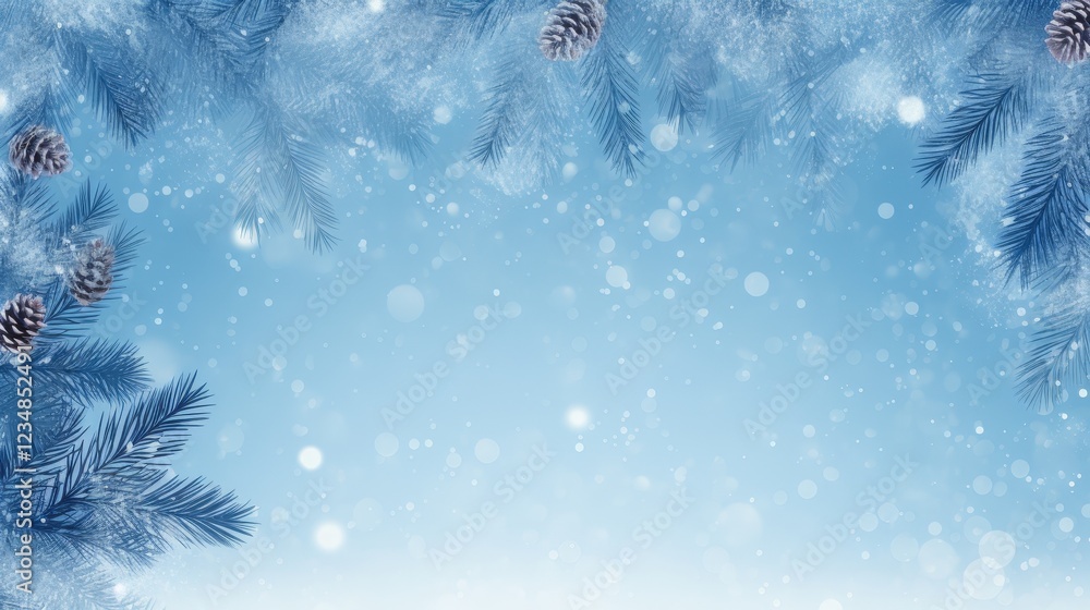 Poster snowy winter background with fir branches and delicate snowflakes creating a serene atmosphere in bl