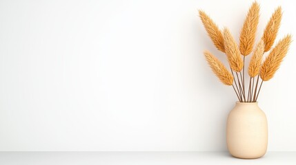 Dried Wheat Stalks in Beige Vase Against White Wall