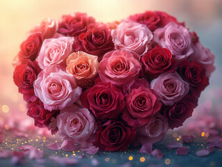 Heart of Roses: A stunning heart-shaped arrangement of red and pink roses, meticulously crafted to express profound love and affection. The image is bathed in a soft, romantic glow.