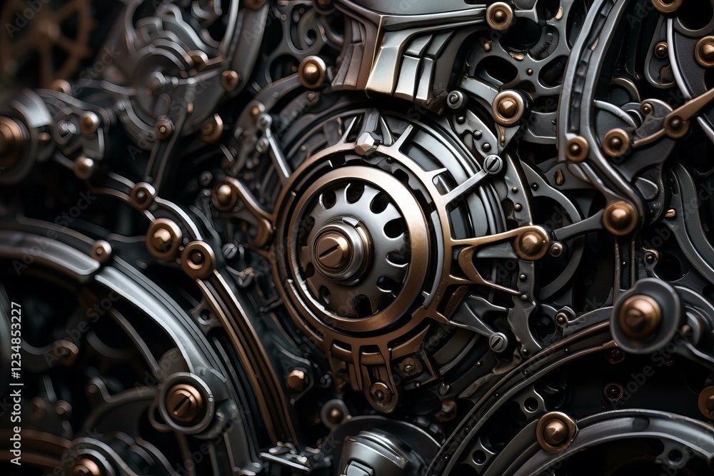 Poster intricate clockwork mechanism with gears and cogs working together, showcasing precision engineering