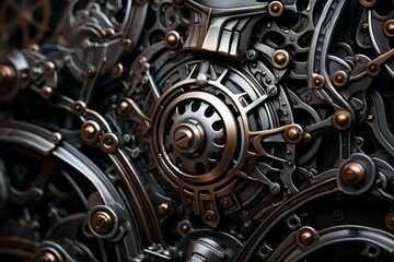 Fototapeta premium Intricate clockwork mechanism with gears and cogs working together, showcasing precision engineering