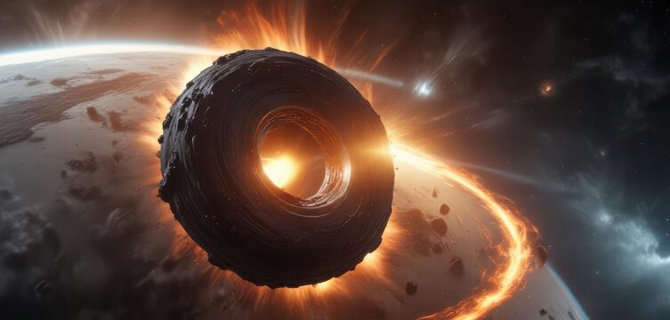 Black hole event horizon with swirling gas and dust, dark energy, stellar evolution, cosmic phenomena