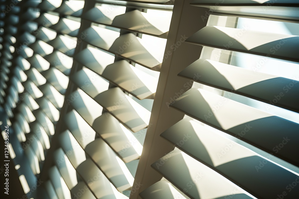 Poster sunlight streams through slightly opened modern window blinds, casting intriguing shadows and creati