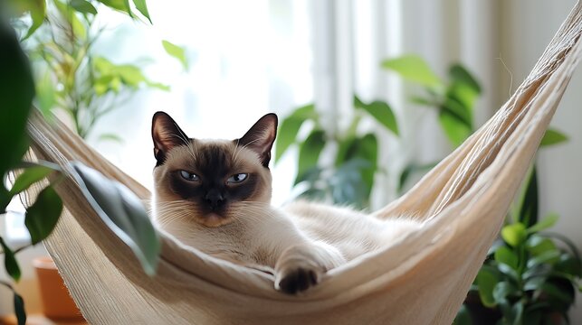 A relaxed Siamese cat lounging in a soft, breathable hammock surrounded by lush green plants, basking in warm sunlight