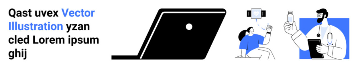 Doctor examining a patient using digital tools, showcasing modern medicine. Ideal for healthcare, telemedicine, e-health, digital tools, patient care, innovation, abstract line flat metaphor