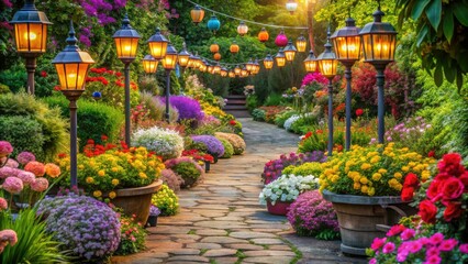 Fototapeta premium A variety of colorful flowers and shrubs adorn the garden's walking paths, with vibrant lanterns lining the way, nature-inspired, garden paths
