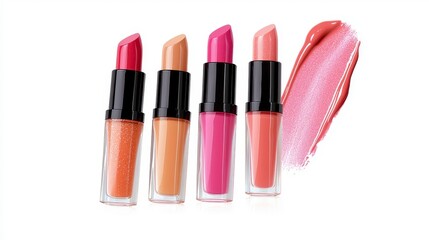 Obraz premium Four Lipstick Tubes and Lip Gloss Swipe on White Background