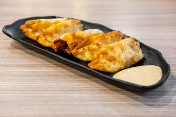 Gyoza on plate with sauce