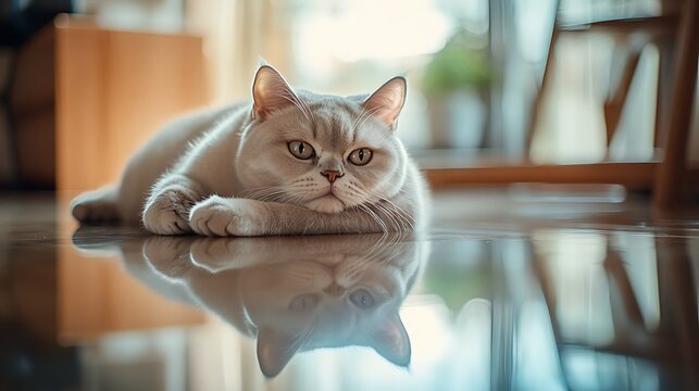 A serene close-up of a relaxed British Shorthair cat lounging on a polished floor with sunlight streaming in, reflecting beautifully on the surface