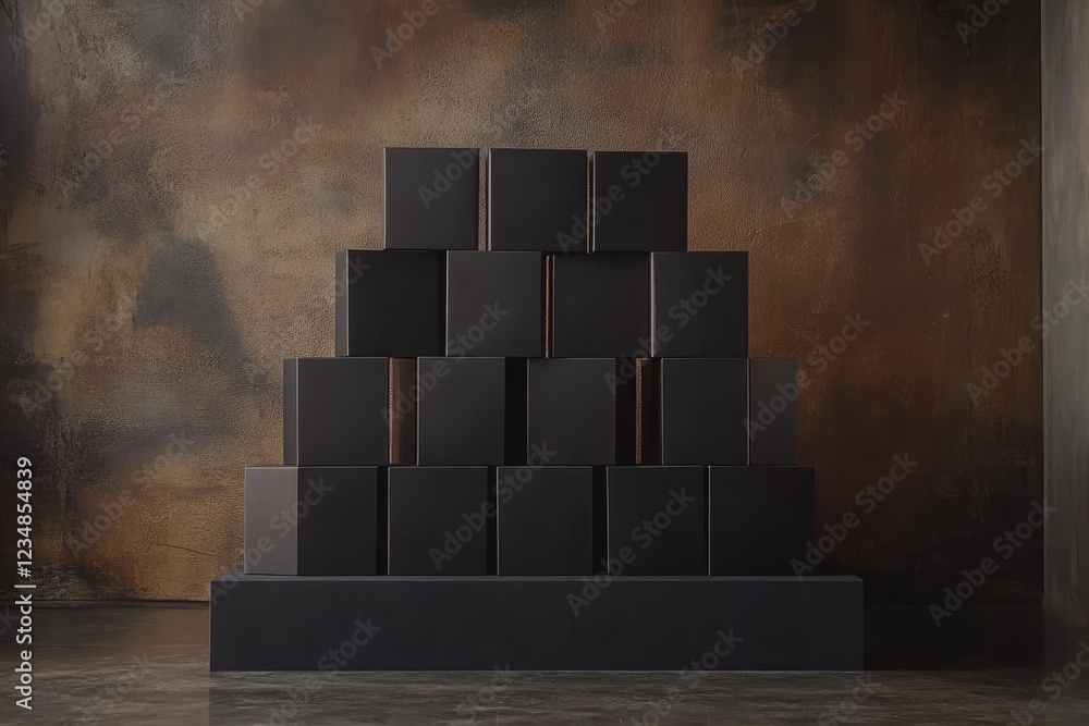 Poster black boxes arranged in a creative stack against a textured background
