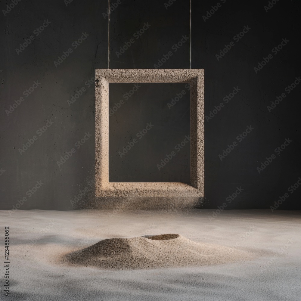 Aufkleber square frame made from textured sand hovering over a smooth mound in minimalist composition
