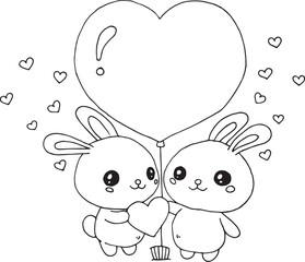 cartoon illustration of 2 rabbits with valentine balloons