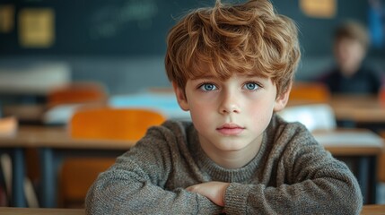 lonely and sad boy child in the classroom, sitting at his desk showing clear signs of stress and emotional discomfort, overwhelmed with school problems during class time