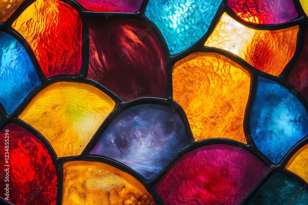Poster a vibrant close-up of a stained-glass window, showcasing a captivating array of colors and textures.
