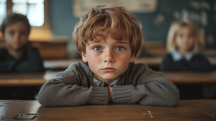 lonely and sad boy child in the classroom, sitting at his desk showing clear signs of stress and emotional discomfort, overwhelmed with school problems during class time
