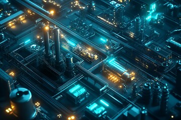 Fototapeta premium Futuristic Industrial Complex High Tech Refinery and Manufacturing Plant at Night
