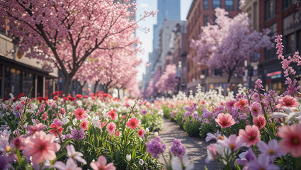 Blooming city street filled with colorful flowers and cherry blossoms in spring