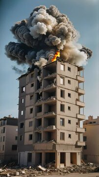 Explosion engulfs high-rise building as smoke billows into the sky in bustling urban area