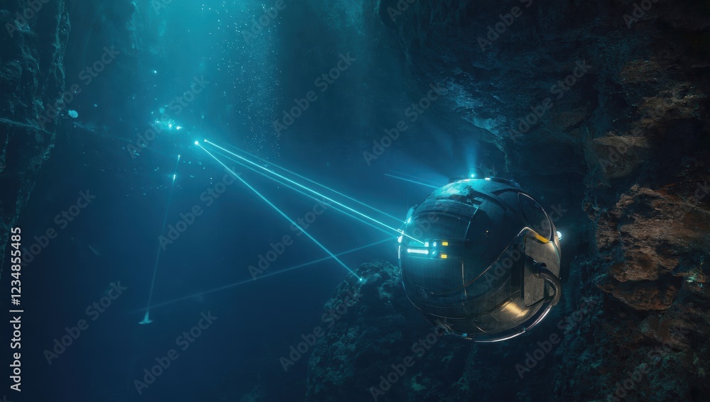 Poster futuristic underwater drone exploring a dark and mysterious ocean cave, emitting laser beams to scan