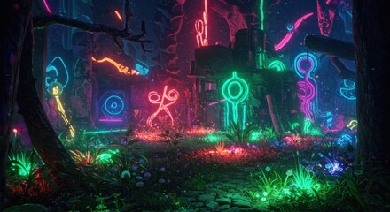 Vibrant neon forest with glowing plants and abstract structures at night